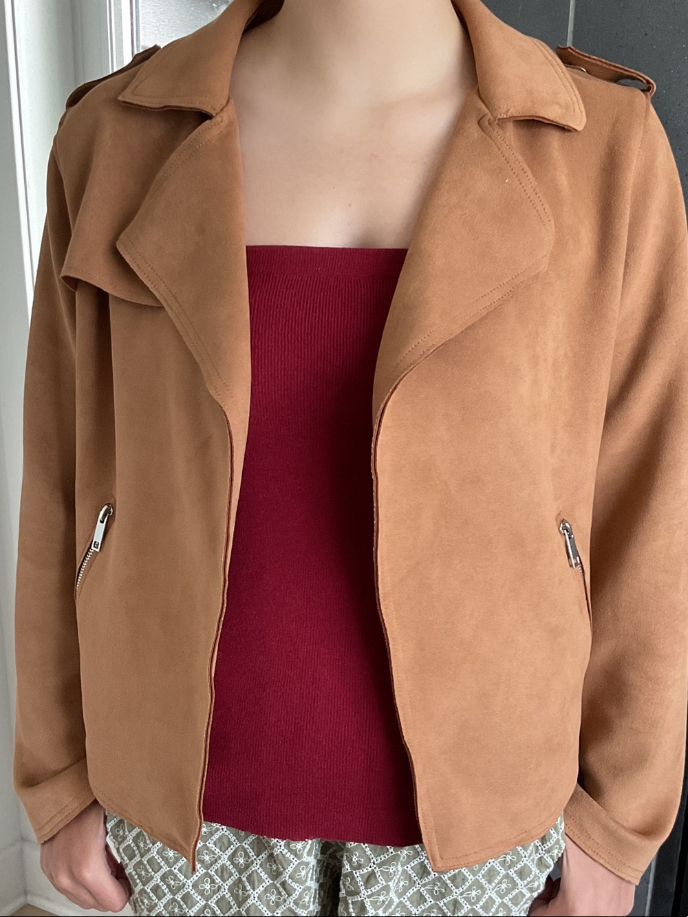 Tahari Cognac Suede-Effect Bomber Jacket